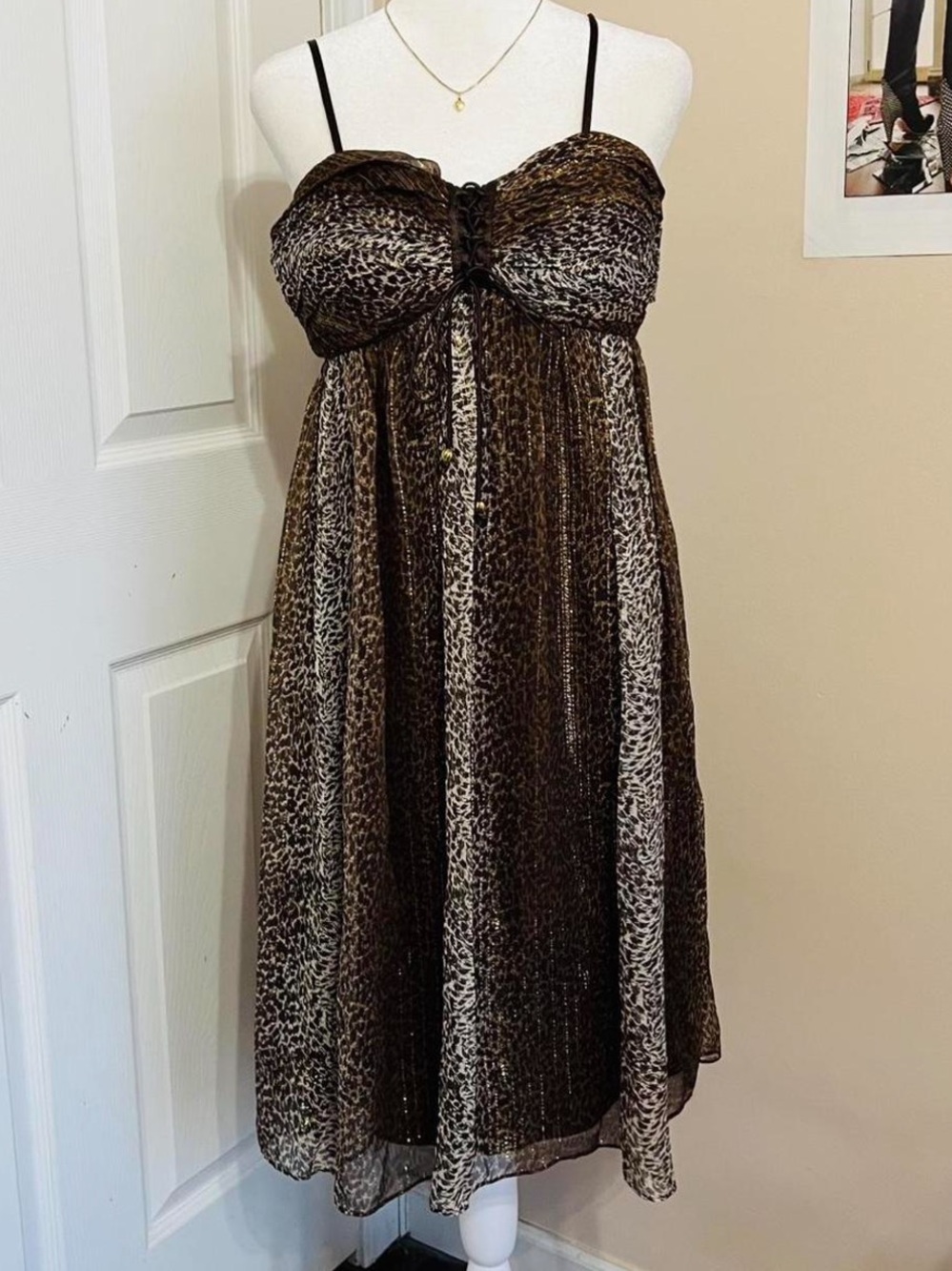 Nicole Miller Brown Leopard Print Spaghetti Strap Babydoll Dress